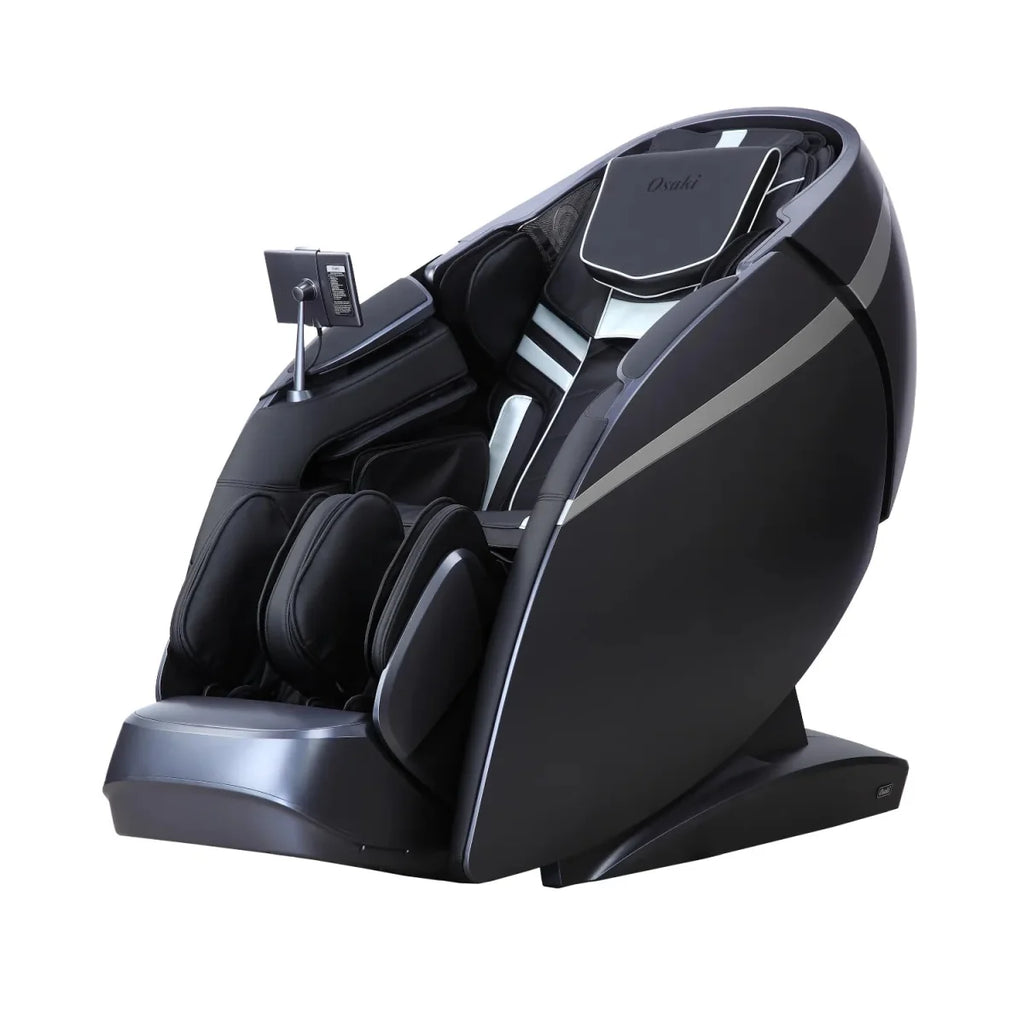 Osaki OS-Pro DuoMax SE 4D and 3D dual mechanism full body massage chair, highlighting its premium luxury design and smart AI health tracking tablet.