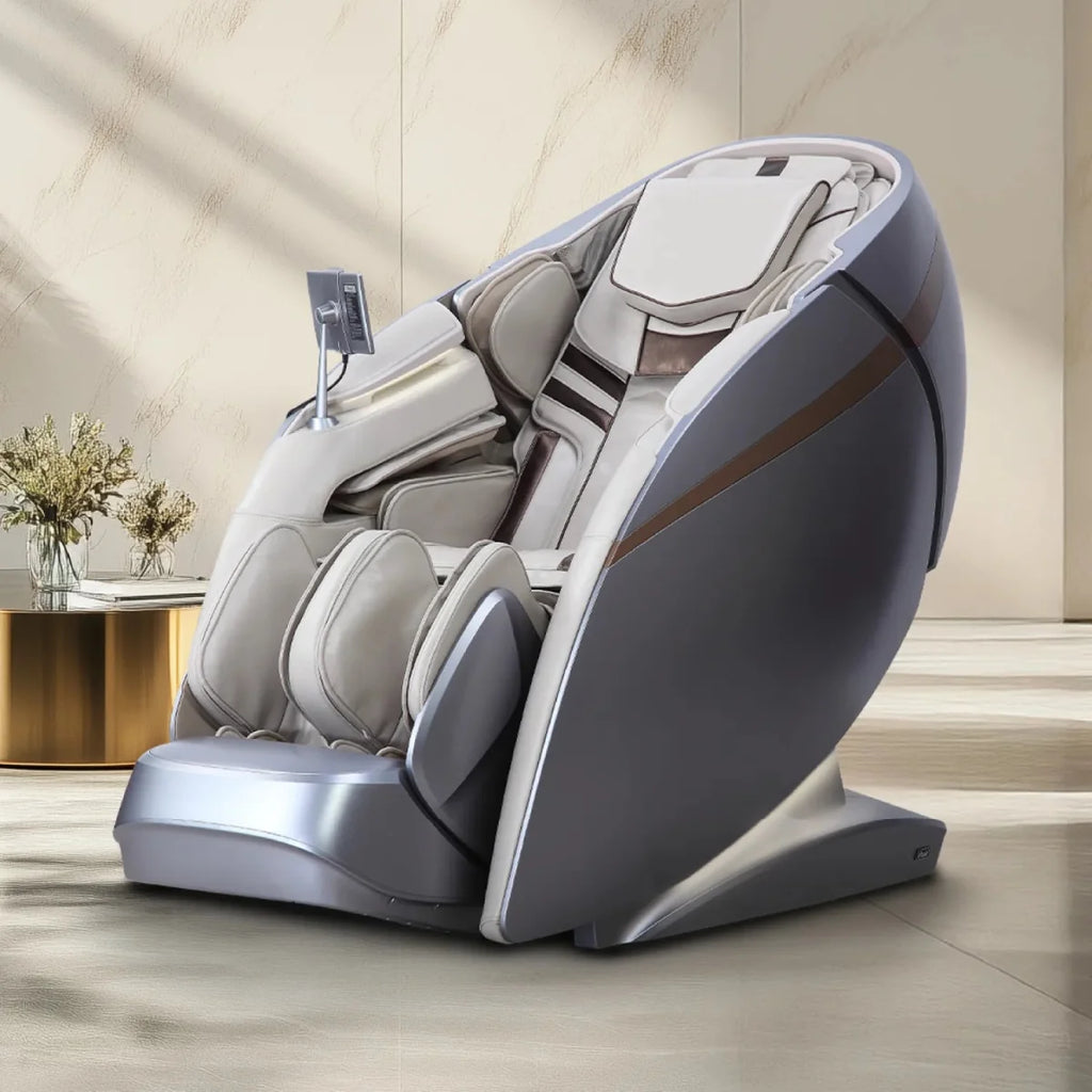 Osaki OS-Pro DuoMax SE 4D and 3D dual mechanism full body massage chair, highlighting its premium luxury design and smart AI health tracking tablet.