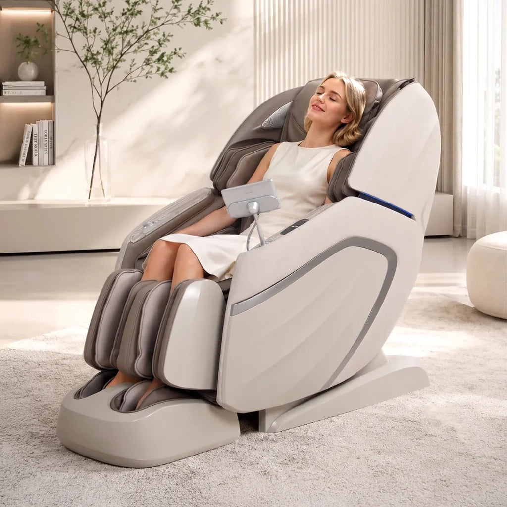 Woman relaxing in a modern massage chair with 4D technology in a cozy living room setting