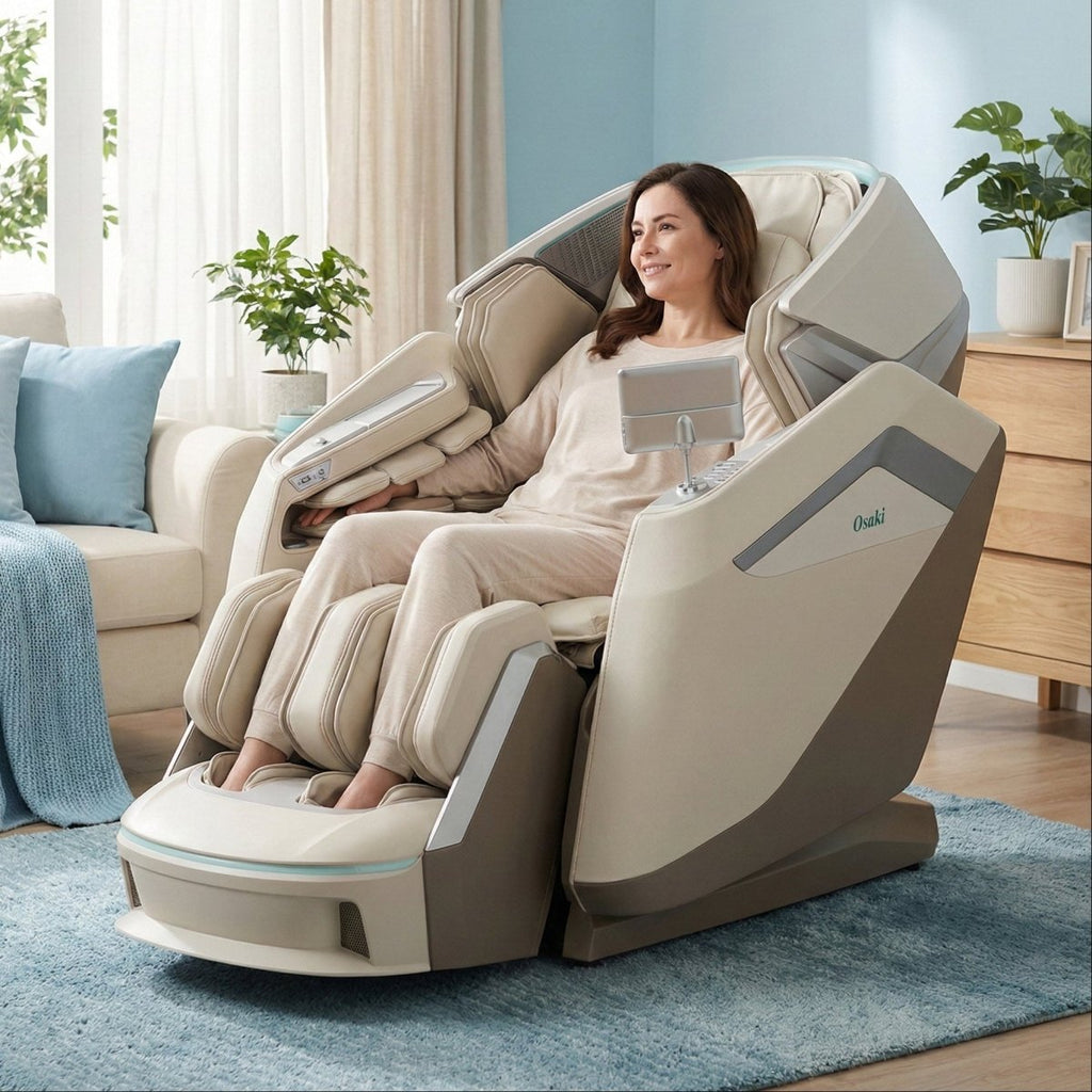 Osaki Ai Apex 5D and 4D Duo full body massage chair in taupe color, showcasing zero gravity recline and smart AI touch screen tablet.