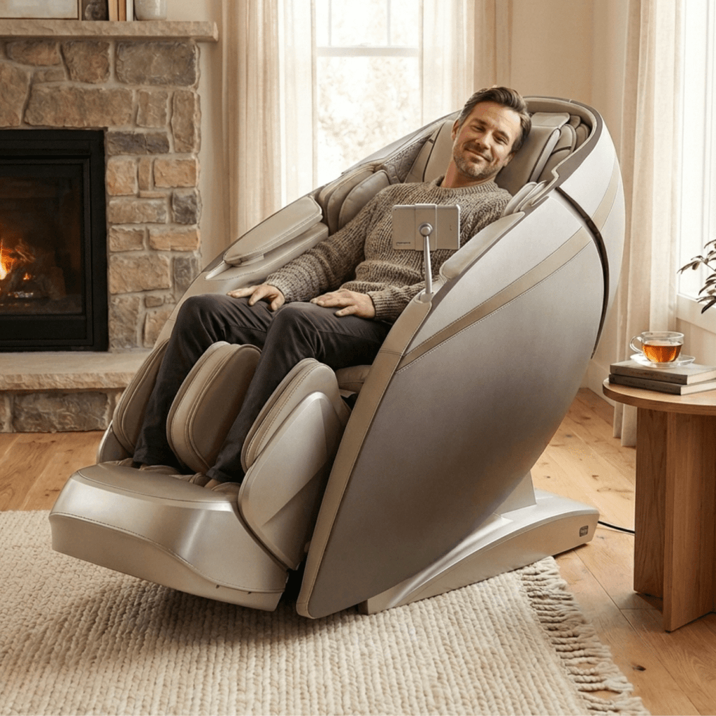 Osaki OS-Pro DuoMax SE 4D and 3D dual mechanism full body massage chair, highlighting its premium luxury design and smart AI health tracking tablet.