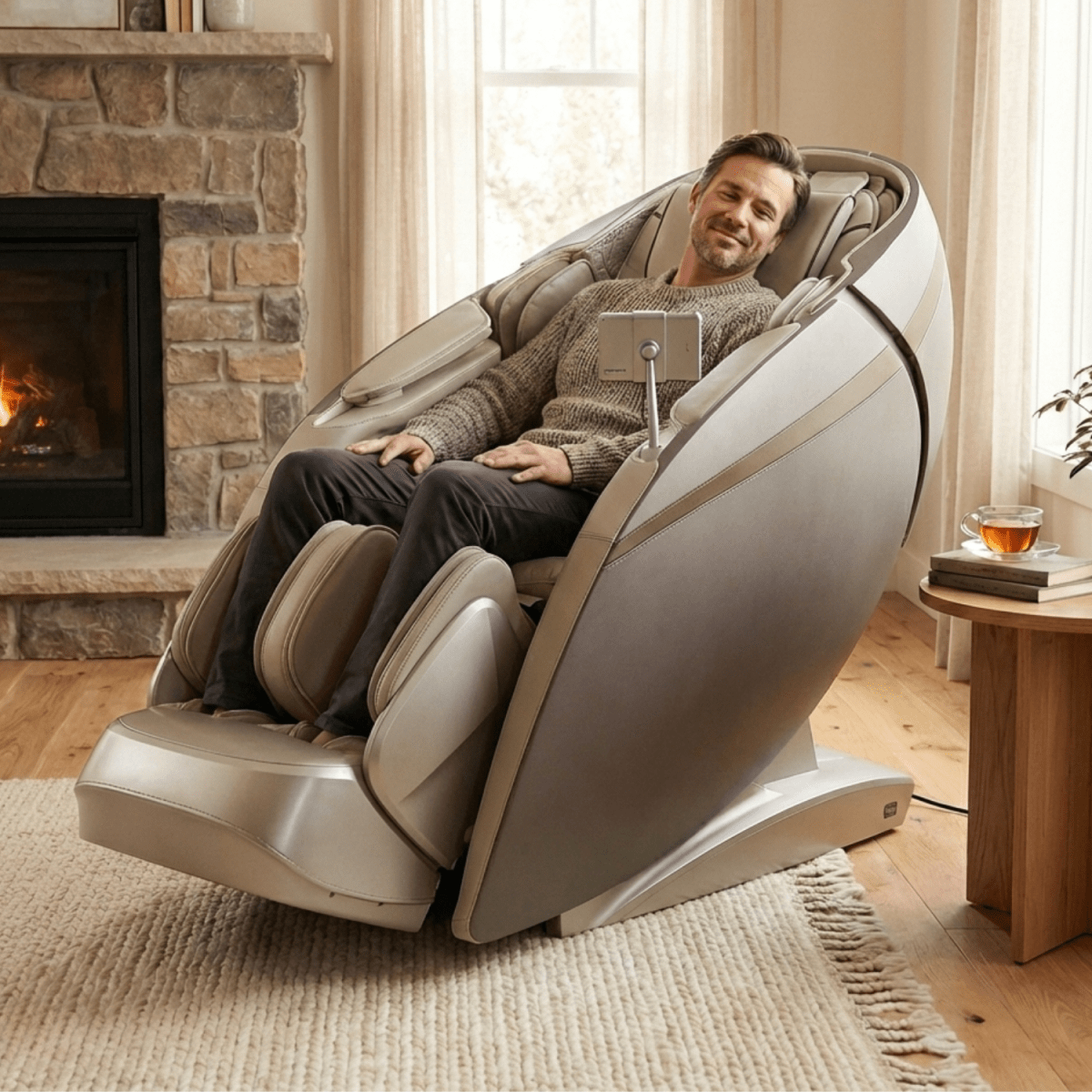 Osaki OS-Pro DuoMax SE 4D and 3D dual mechanism full body massage chair, highlighting its premium luxury design and smart AI health tracking tablet.