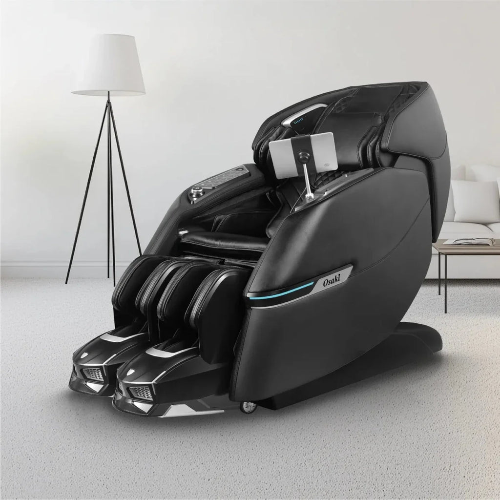 Osaki massage chair with 4D technology, featuring foot rollers and tablet holder in modern living room
