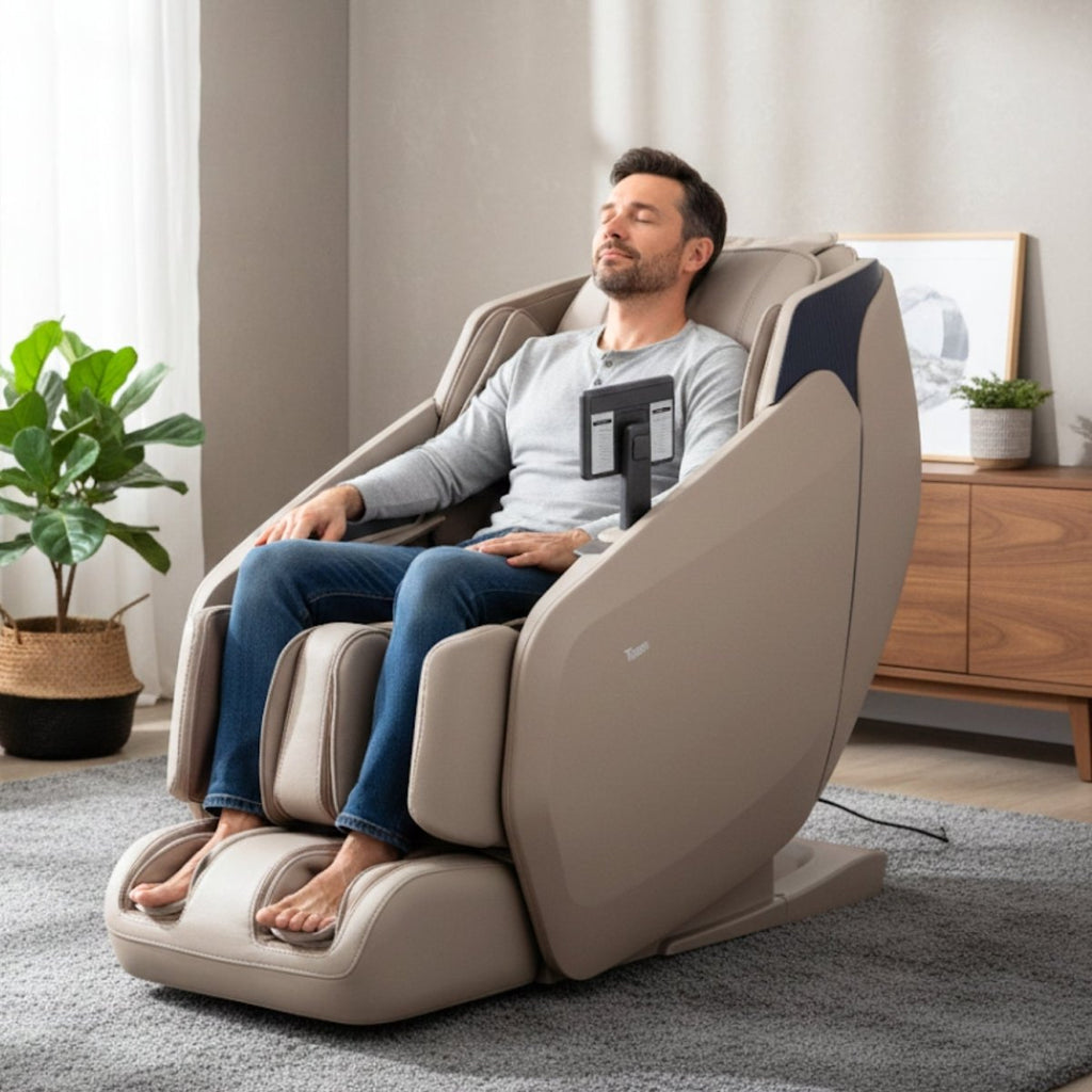 Person relaxing in the Titan TI Reflex 3D massage chair